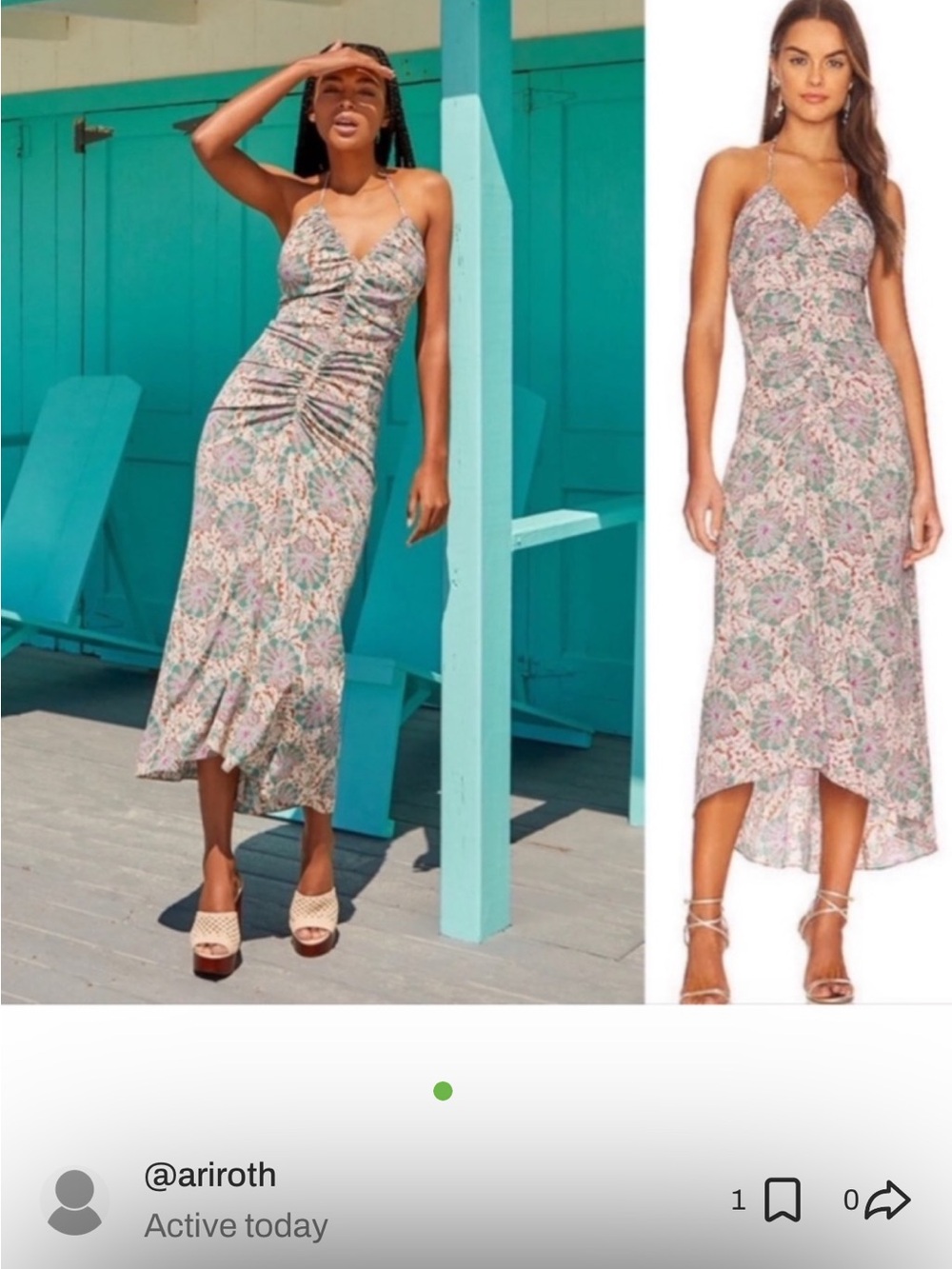 Veronica Beard Pastel Pink and Mint Green Floral Ruched Midi Dress